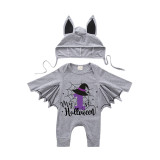 Halloween Gray One Piece Baby Bodysuit My First Halloween Witch Hat Batwing Sleeve Jumpsuit