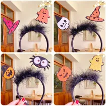 Halloween Feather Headband Pumpkin Witch Hat Spider Ghost Skull Dress Up Hair Accessories 4PCS Set