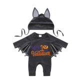 Halloween Gray One Piece Baby Bodysuit My First Halloween Bow Tie Pumpkin Batwing Sleeve Jumpsuit