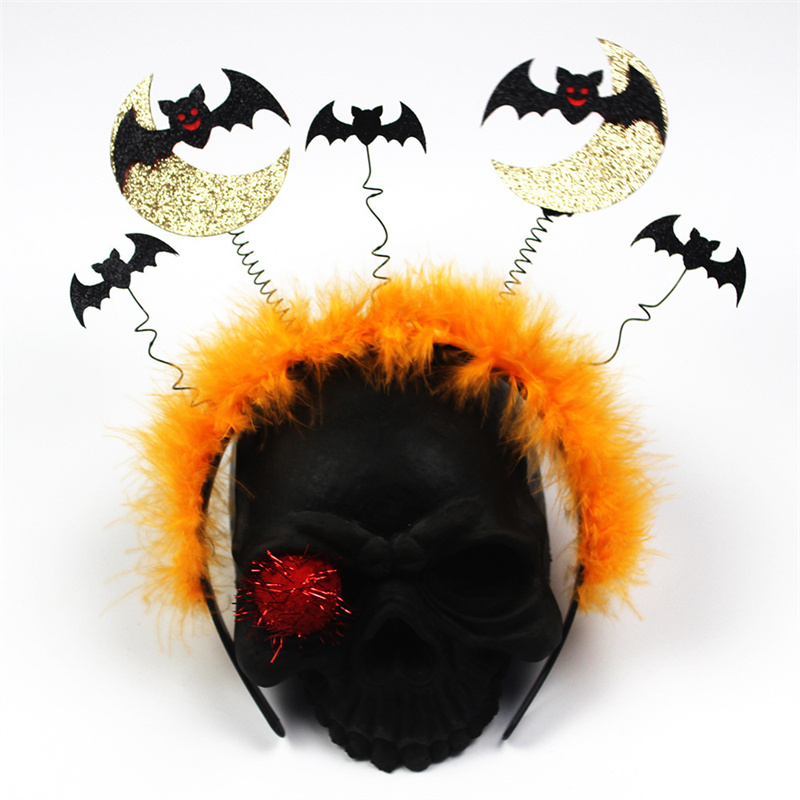 Halloween Colorful Feather Headband Golden Bats With Moon Dress Up Hair Accessories