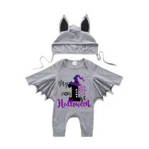 Halloween Gray One Piece Baby Bodysuit My First Halloween Hat Skull Batwing Sleeve Jumpsuit