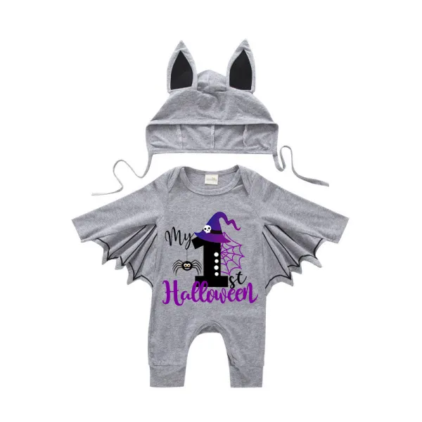 Halloween Gray One Piece Baby Bodysuit My First Halloween Hat Skull Batwing Sleeve Jumpsuit