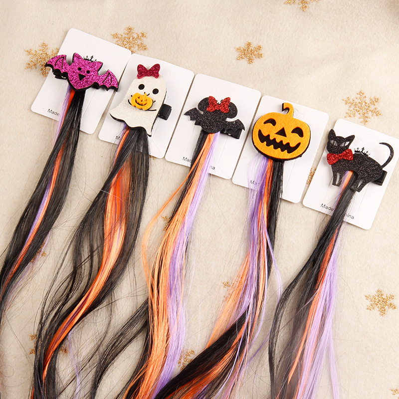 Halloween Puffy Hair Tassel Hair Clips Cat Ghost Pumpkin Bat Hair Accessories 5PCS Set