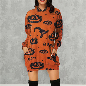 Halloween Multicolor Pumpkin Ghost Face Fashion Casual Loose Printed Plus Size Hooded Long Sleeve Dresses