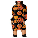 Halloween Multicolor Pumpkin Trick Or Treat Fashion Casual Loose Printed Plus Size Hooded Long Sleeve Dresses