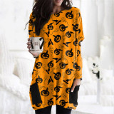 Halloween Multicolor Castle Bats Fashion Casual Loose Printed Plus Size Hooded Long Sleeve Dresses