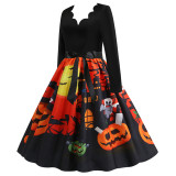Halloween Costume Party Cosplay Pumpkin Castle Bats Flower Elegant Bow Tie V-Neck Long Sleeve Dresses