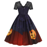 Halloween Costume Party Cosplay Pumpkin Castle Bats Flower Elegant Bow Tie V-Neck Short Sleeve Dresses