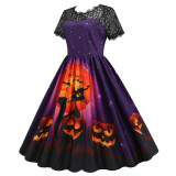 Halloween Costume Party Cosplay Pumpkin Castle Bats Flower Elegant Bow Tie V-Neck Short Sleeve Dresses