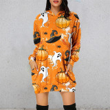 Halloween Multicolor Pumpkin Ghosts Fashion Casual Loose Printed Plus Size Hooded Long Sleeve Dresses