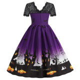 Halloween Costume Party Cosplay Lace Bats Pumpkins Elegant V-Neck Short Sleeve Dresses