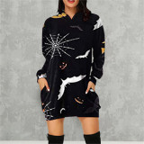 Halloween Multicolor Pumpkin Ghost Face Fashion Casual Loose Printed Plus Size Hooded Long Sleeve Dresses