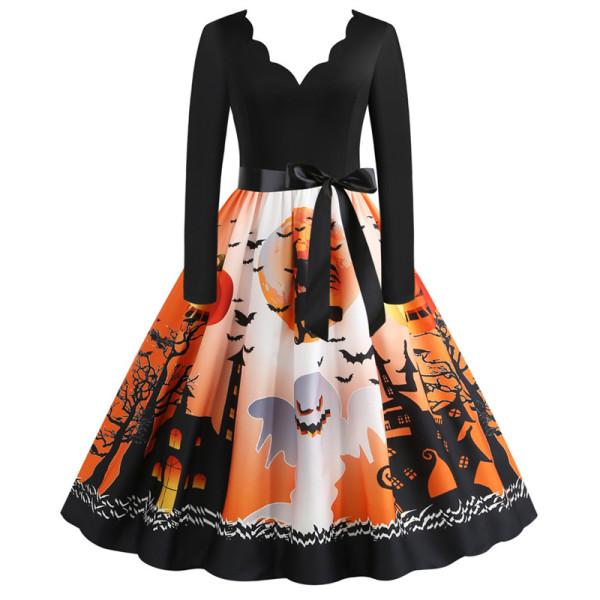 Halloween Costume Party Cosplay Pumpkin Castle Bats Flower Elegant Bow Tie V-Neck Long Sleeve Dresses