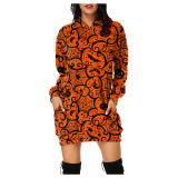 Halloween Multicolor Pumpkin Trick Or Treat Fashion Casual Loose Printed Plus Size Hooded Long Sleeve Dresses