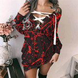 Halloween Multicolor Pumpkin Ghosts Fashion Casual Loose Printed Lace Up Hooded Long Sleeve Dresses