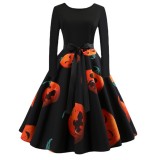 Halloween Costume Party Cosplay Pumpkin Ghost Face Elegant Bow Tie Round Neck Long Sleeve Dresses