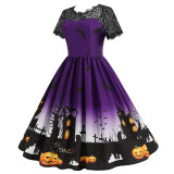 Halloween Costume Party Cosplay Lace Bats Pumpkins Elegant V-Neck Short Sleeve Dresses