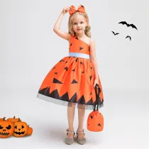 Halloween Cosplay Party Toddler Girl Costume Pumpkin Dress Bag Hair Accessories 3Pcs Set