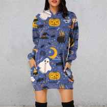Halloween Multicolor Pumpkin Ghosts Fashion Casual Loose Printed Plus Size Hooded Long Sleeve Dresses