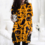 Halloween Multicolor Castle Bats Fashion Casual Loose Printed Plus Size Hooded Long Sleeve Dresses