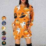 Halloween Multicolor Pumpkin Ghosts Fashion Casual Loose Printed Lace Up Hooded Long Sleeve Dresses