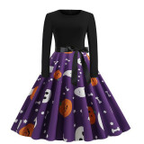 Halloween Costume Party Cosplay Pumpkin Ghost Face Elegant Bow Tie Round Neck Long Sleeve Dresses