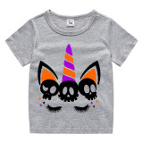 Halloween Purple Toddler Little Boy&Girl Unicorn Skulls Horn Short Sleeve T-shirts