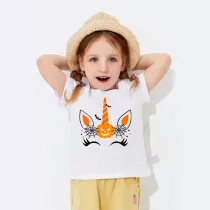 Halloween White Toddler Little Boy&Girl Unicorn Pumpkin Horn Short Sleeve T-shirts