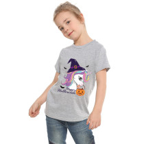 Halloween Gray Toddler Little Boy&Girl Unicorn Pumpkin Bag Short Sleeve T-shirts