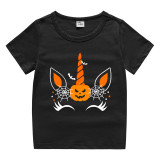 Halloween White Toddler Little Boy&Girl Unicorn Pumpkin Horn Short Sleeve T-shirts