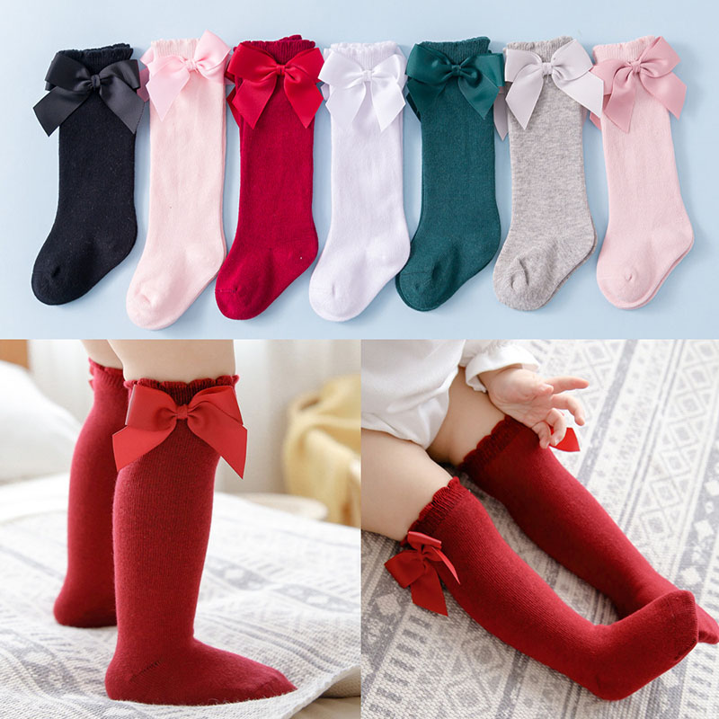 Toddler Kids Knee High Bowknot Pure Color Cotton Socks