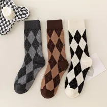 Women Adult Socks Vintage Fashion Diamond Lattice Casual Socks