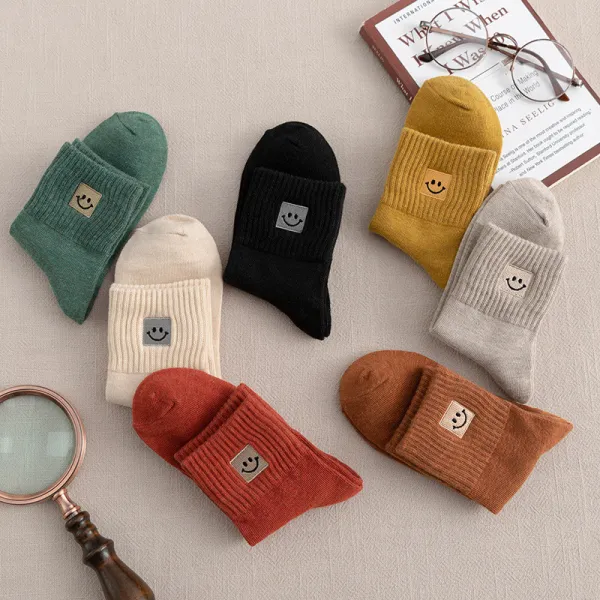 Women Adult Socks Pure Color Smiling Face Embroidery Warm Casual Socks