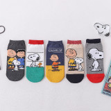 Women Adult Socks 5 Pair of Cartoon Snoopy Printed Casual Cotton Boat Socks