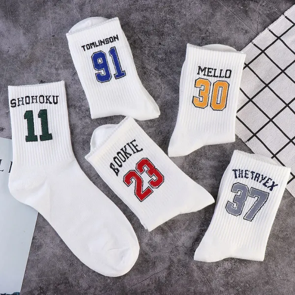 Men Adult Socks 5PCS Number Letter Printed Basketball Cotton Socks