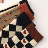 Women Adult Socks Diamond Check Jacquard Warm Casual Cotton Socks