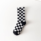 Women Adult Socks Checkerboard Black and White Grid Casual Cotton Tube Socks