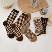 Women Adult Socks Vintage Khaki Checkerboard Casual Socks