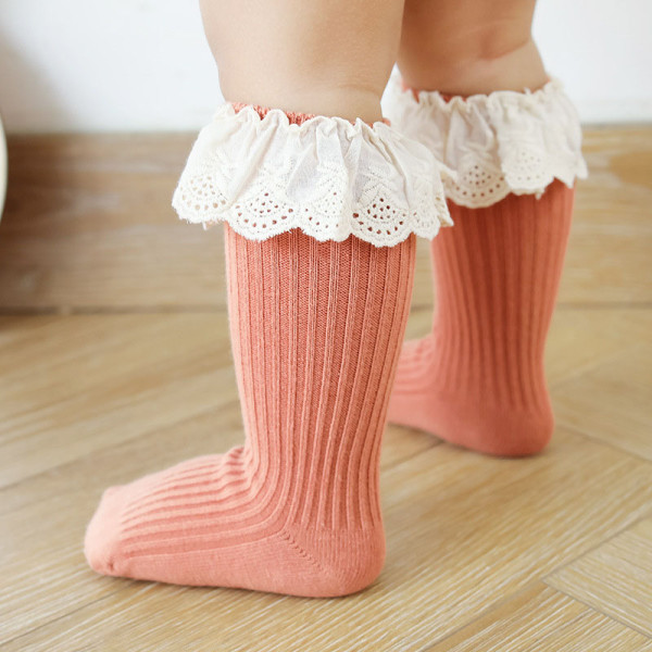 Baby Toddler Kids Pure Color Lace Anti-skid Cotton Socks