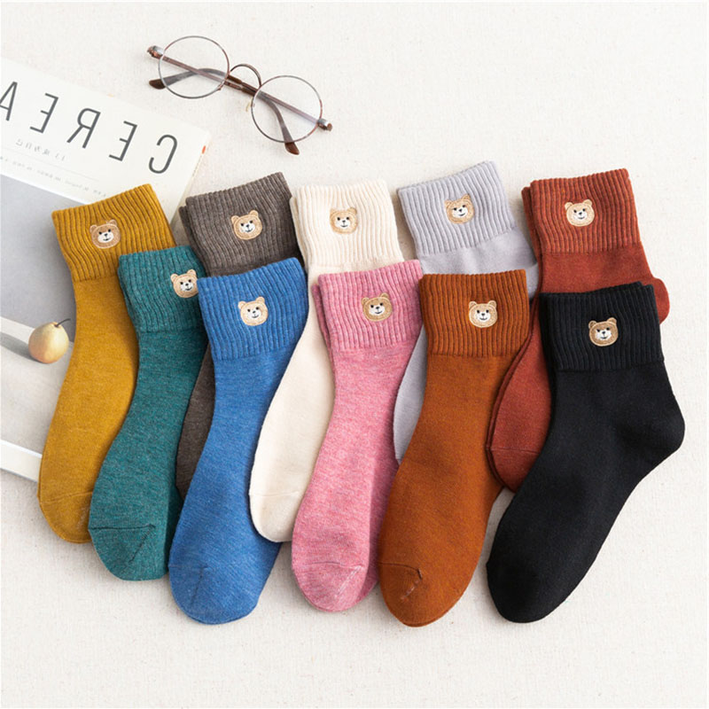 Women Adult Socks Pure Color Cartoon Round Faced Bear Embroidery Warm Casual Socks