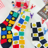 Women Adult Socks Color Matching Checkerboard Color Cartoon Smiling Face Casual Cotton Socks