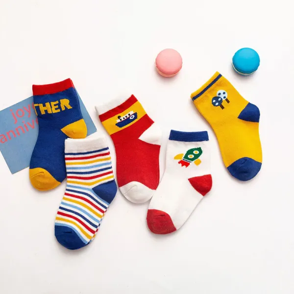 Baby Toddler 5PCS Pure Color Breathable Cartoon Printed Cotton Socks