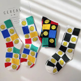 Women Adult Socks Color Matching Checkerboard Color Cartoon Smiling Face Casual Cotton Socks