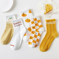 Women Adult Socks Color Matching Cartoon Fruit Orange Letter smiling Face Casual Socks