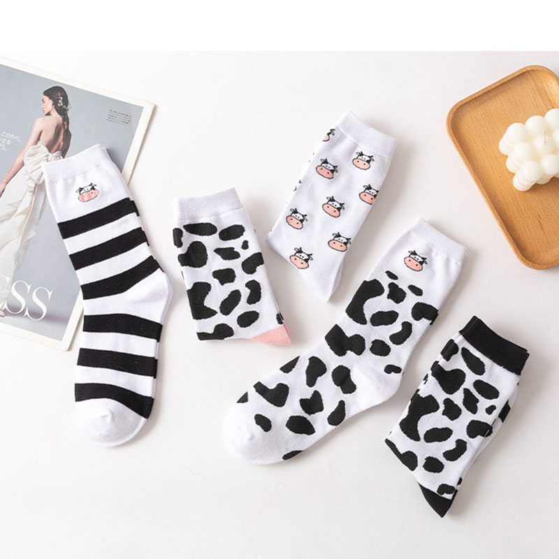 Women Adult Socks Funny Cartoon Cow Striated Spot Casual Socks