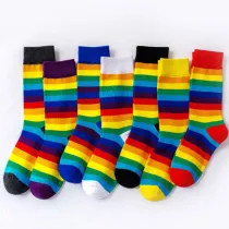 Women Adult Socks Contrast Color Rainbow Stripe Candy Color Casual Cotton Socks