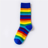 Women Adult Socks Contrast Color Rainbow Stripe Candy Color Casual Cotton Socks
