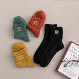 Women Adult Socks Pure Color Smiling Face Embroidery Warm Casual Socks