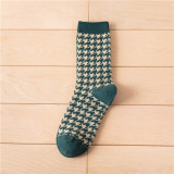 Women Adult Socks Retro Plaid Green Series Casual Pile Socks
