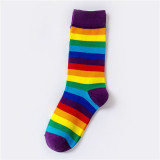 Women Adult Socks Contrast Color Rainbow Stripe Candy Color Casual Cotton Socks